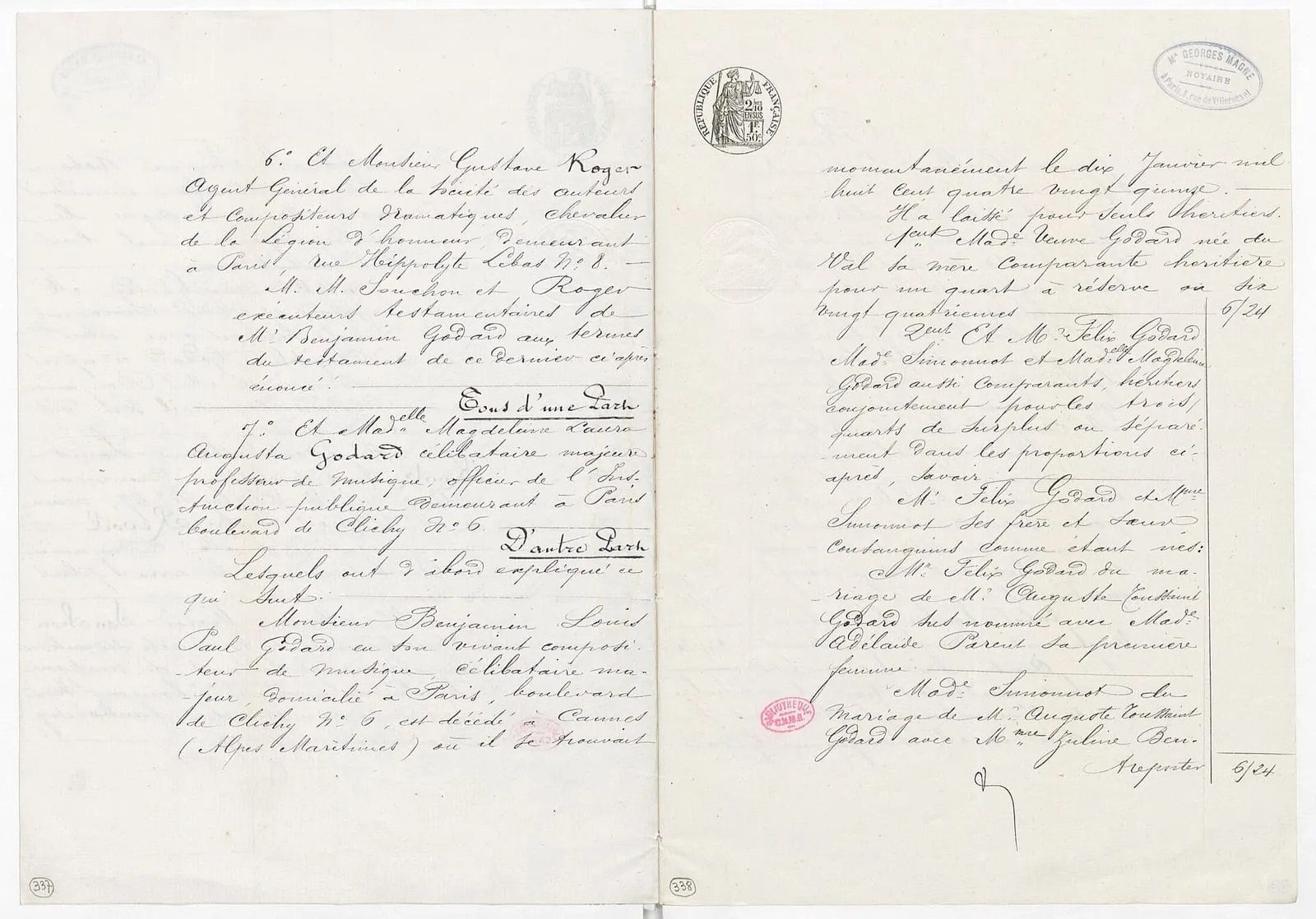 Une page d'un acte notarié ancien, écriture manuscrite et signatures