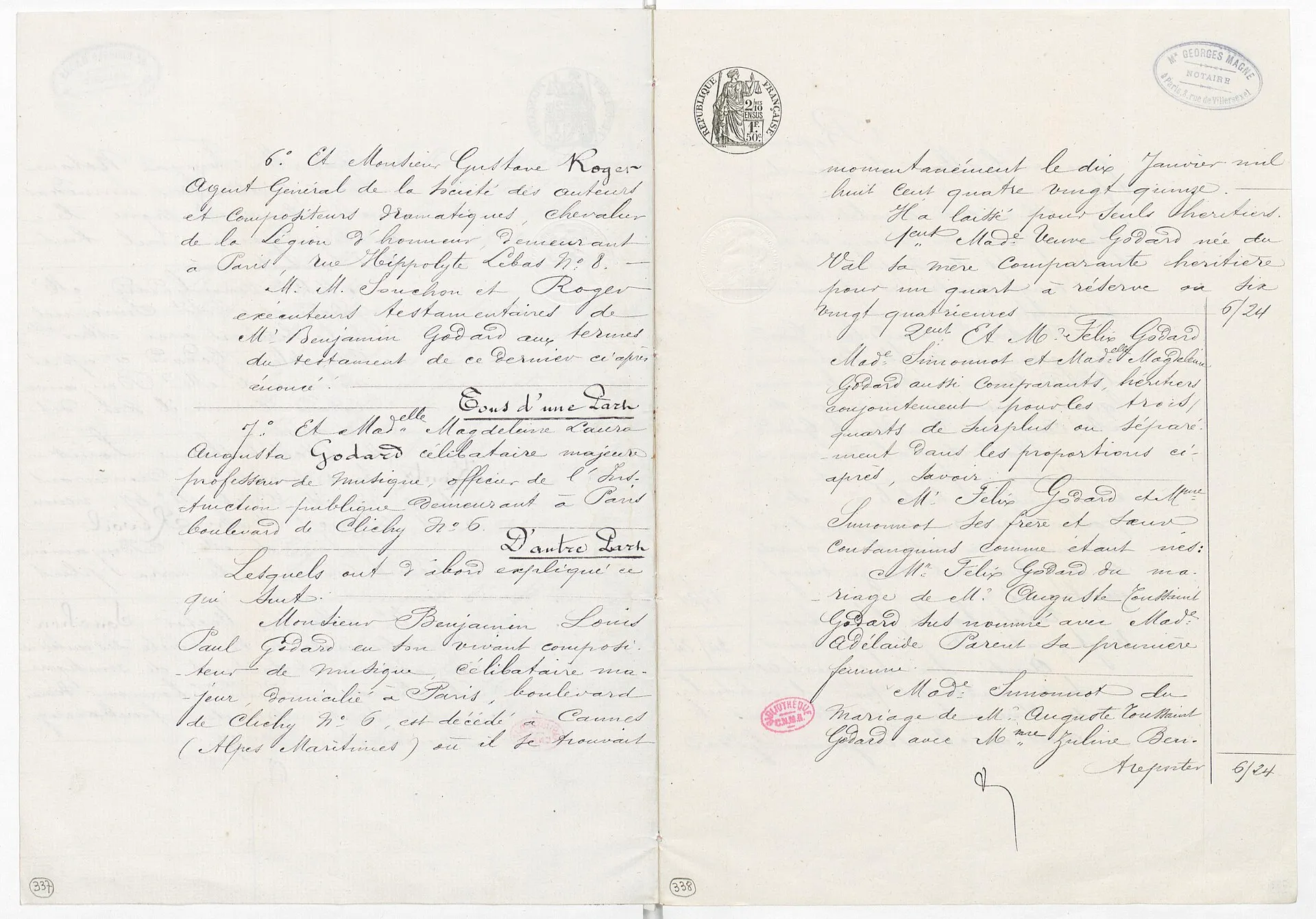 Une page d'un acte notarié ancien, écriture manuscrite et signatures