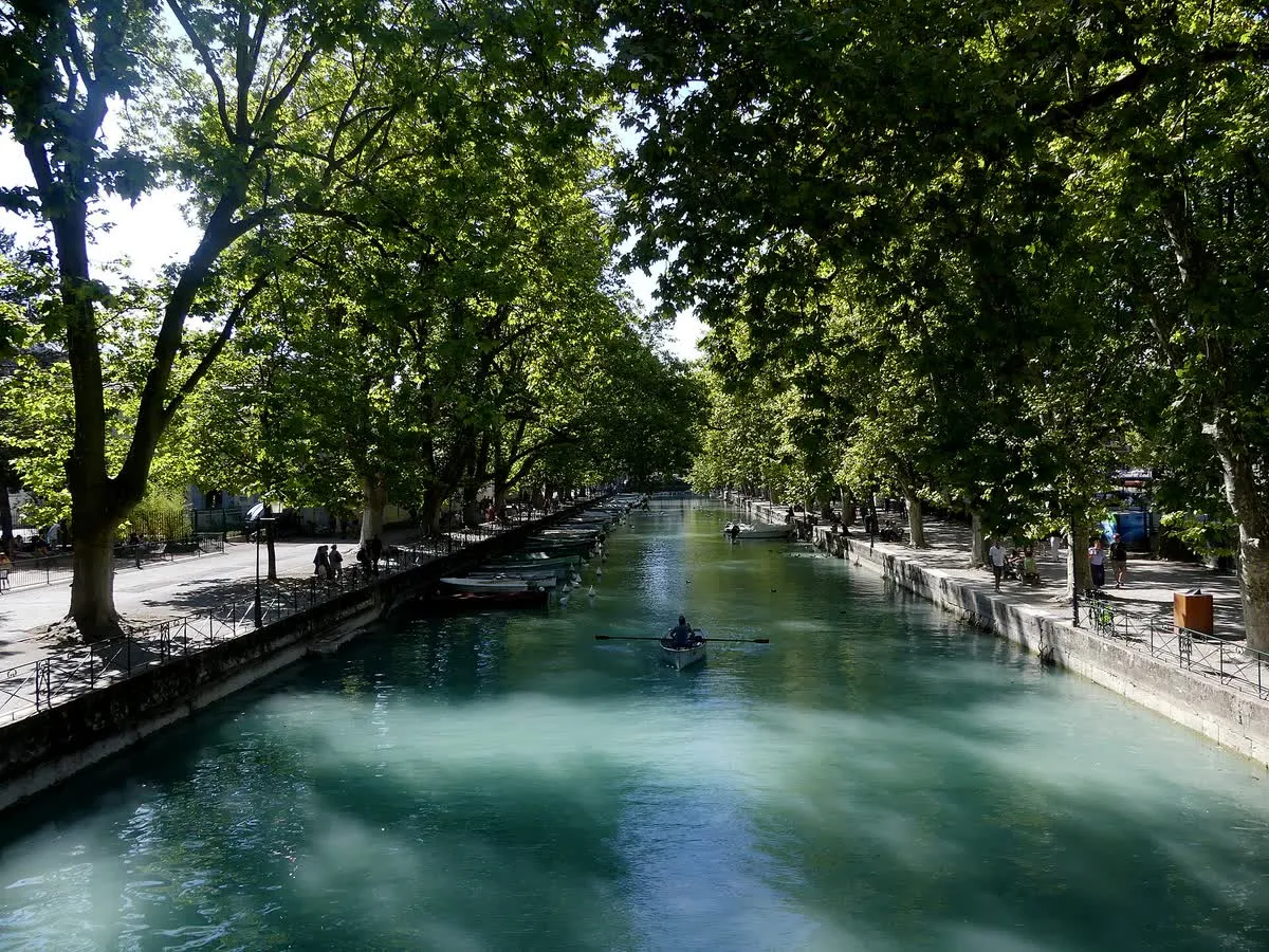 Le canal du Vassé, ses barques et ses platanes, vus depuis le pont des Amours
